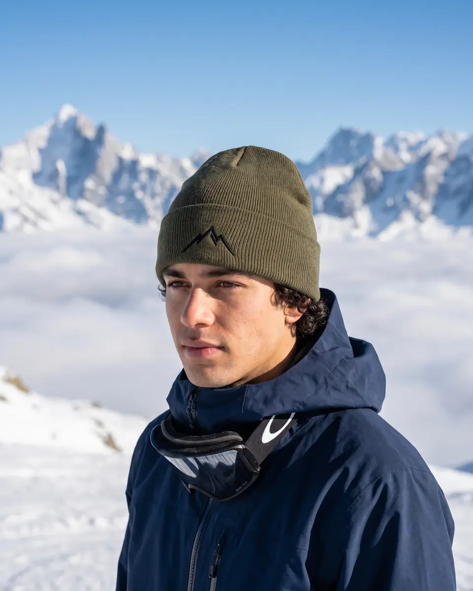 Snowboarder wearing the Col Rib beanie in Olive