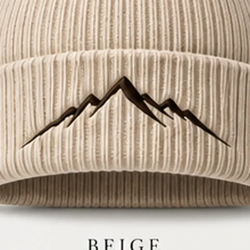 Alpine beanie in Beige: close-up of the cuff embroidery