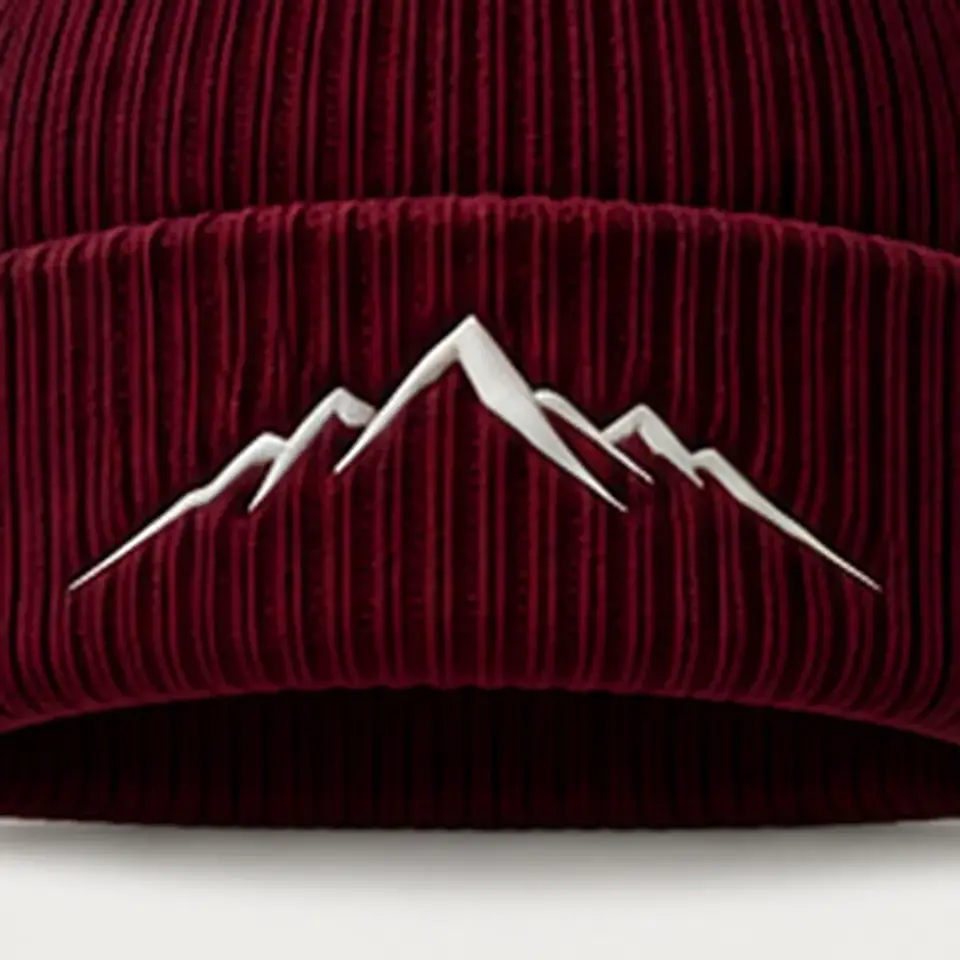 Alpine beanie in Bordeaux: close-up of the cuff embroidery
