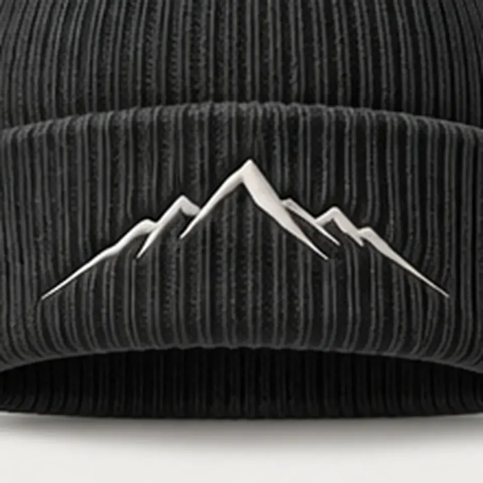 Alpine beanie in Charcoal: close-up of the cuff embroidery