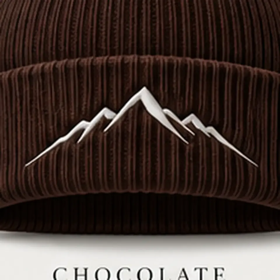 Alpine beanie in Chocolate: close-up of the cuff embroidery
