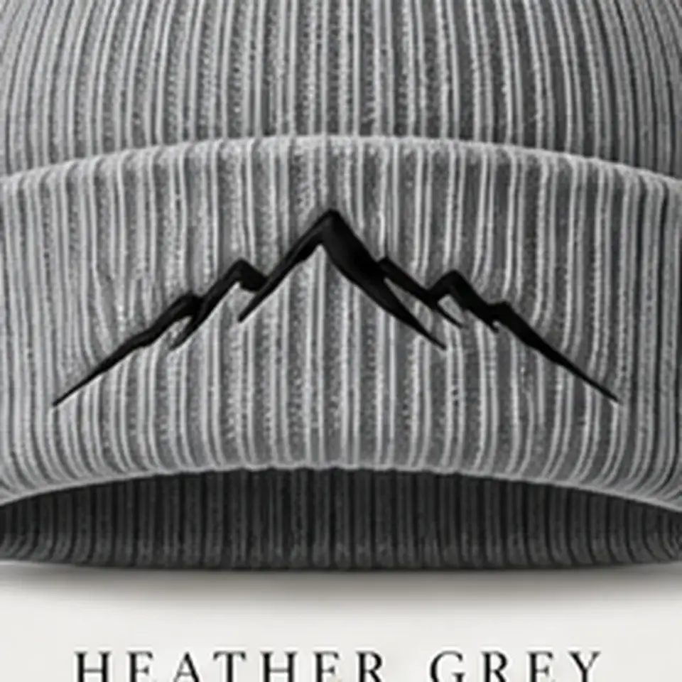 Alpine beanie in Heather Grey: close-up of the cuff embroidery