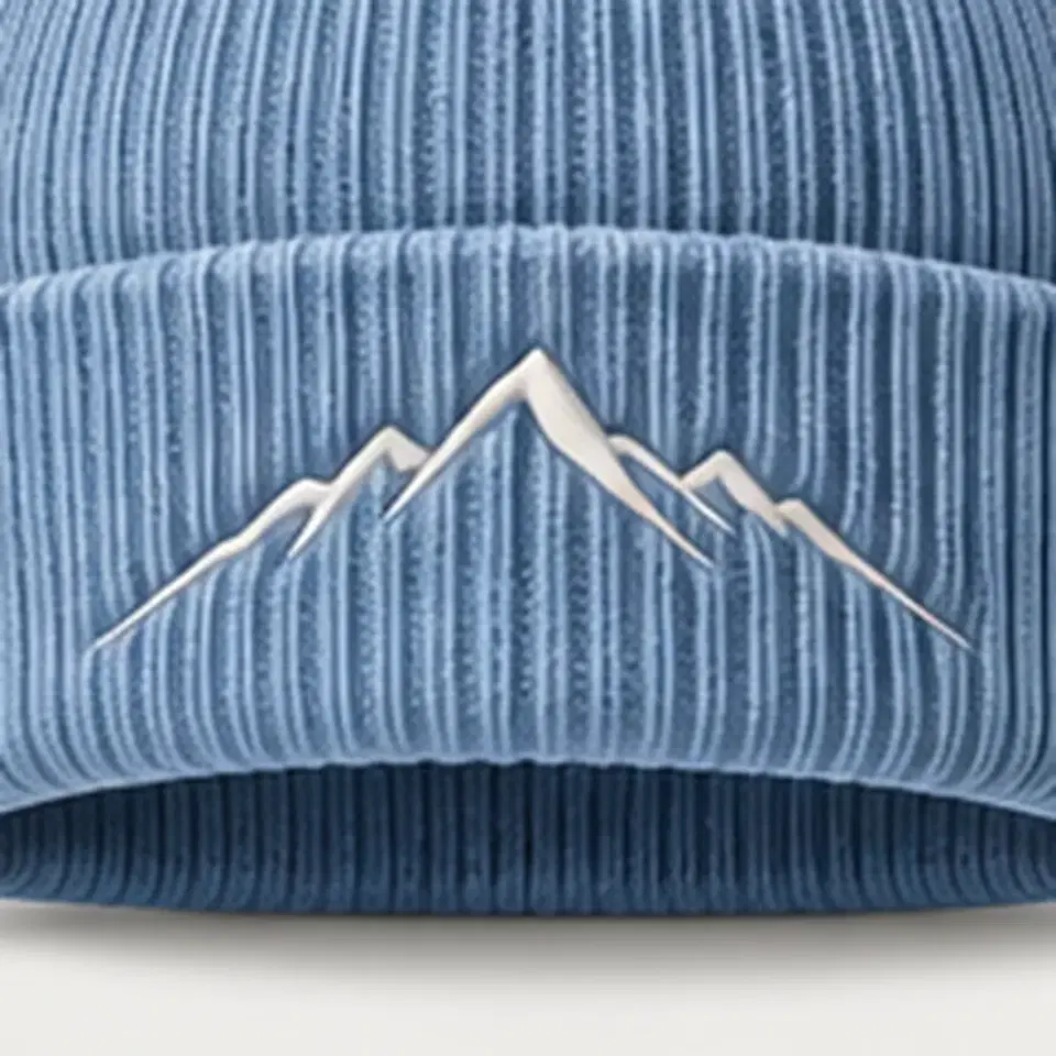 Alpine beanie in Ice Blue: close-up of the cuff embroidery