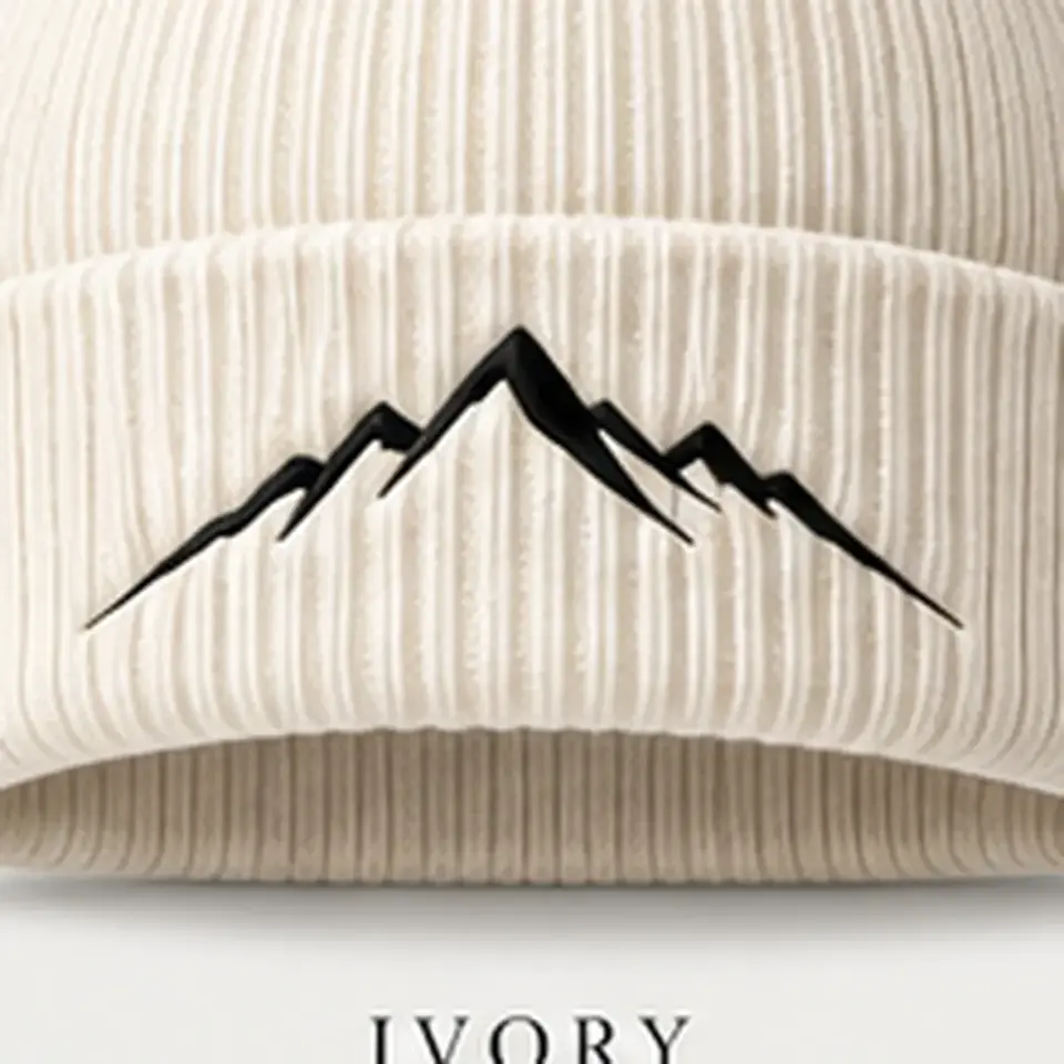 Alpine beanie in Ivory: close-up of the cuff embroidery