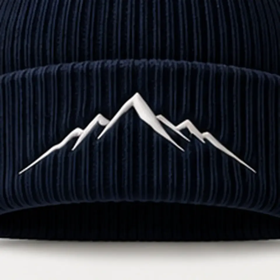 Alpine beanie in Navy: close-up of the cuff embroidery