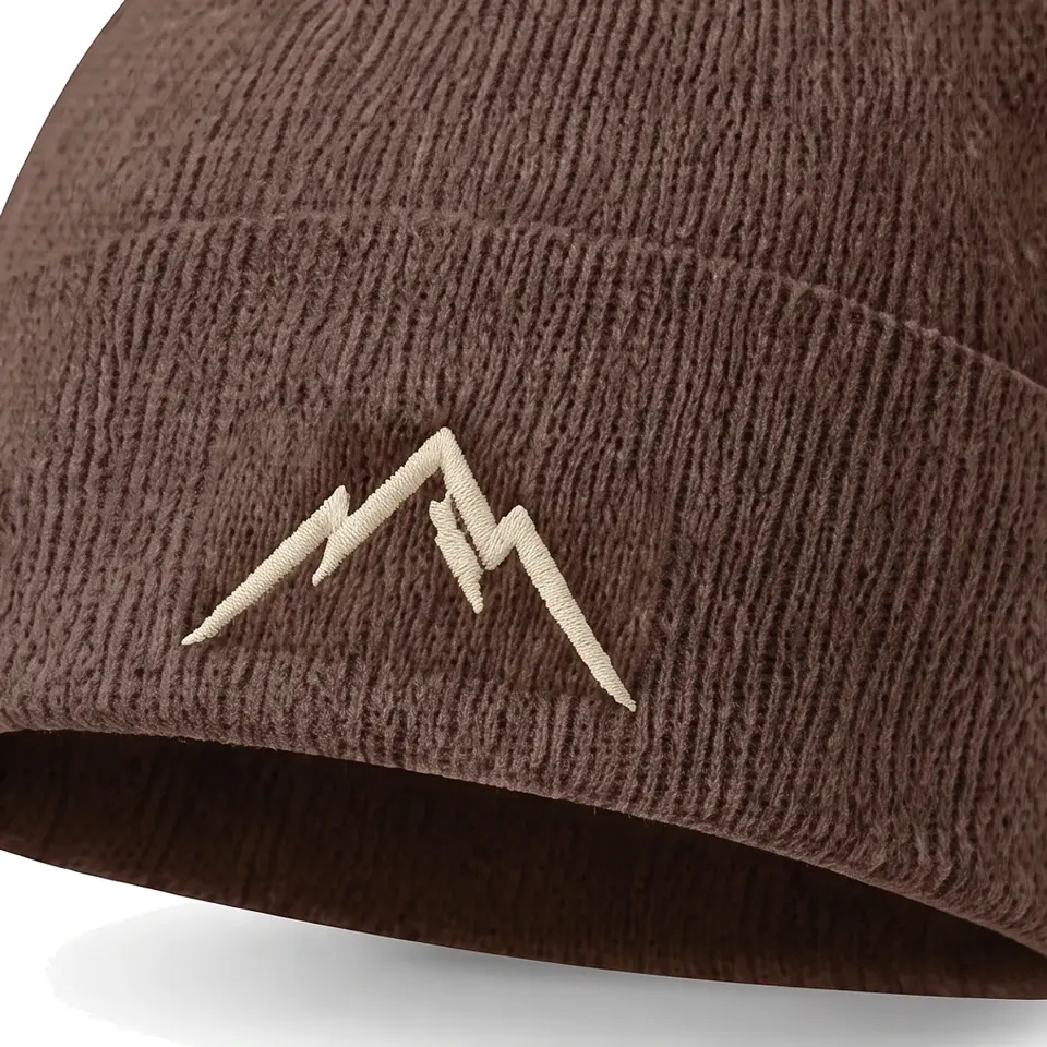 Col Rib beanie in Mocha: close-up of the cuff embroidery