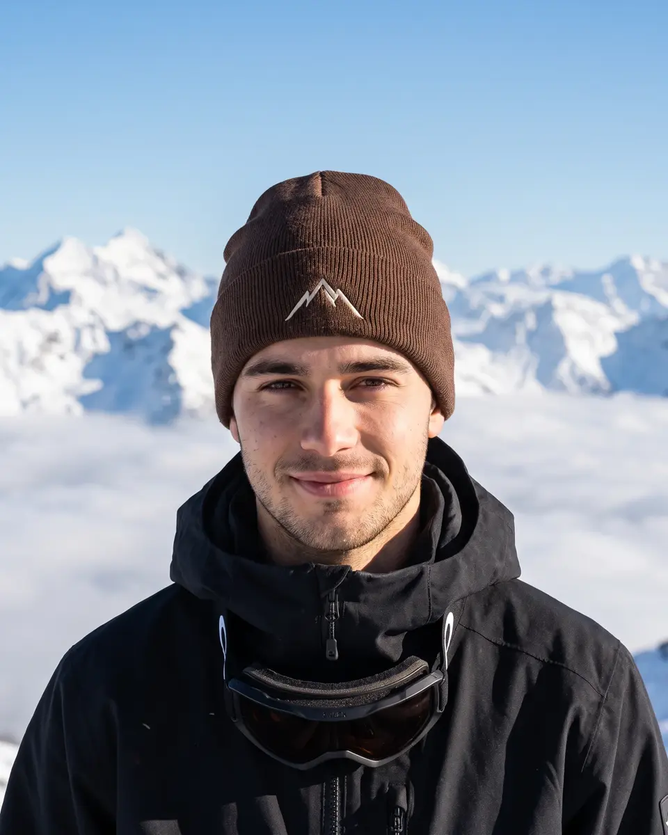 Snowboarder wearing the Col Rib beanie in Mocha