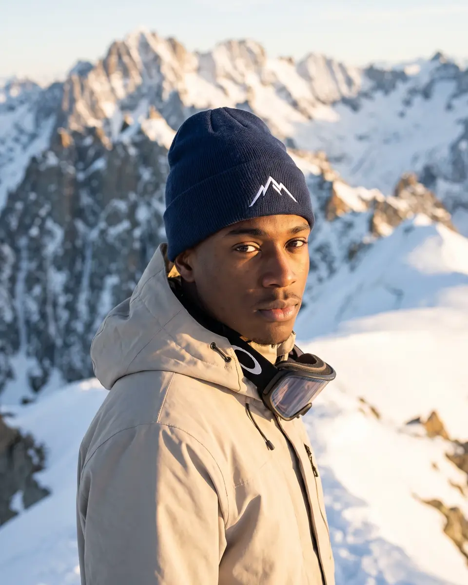 Snowboarder wearing the Col Rib beanie in Denim