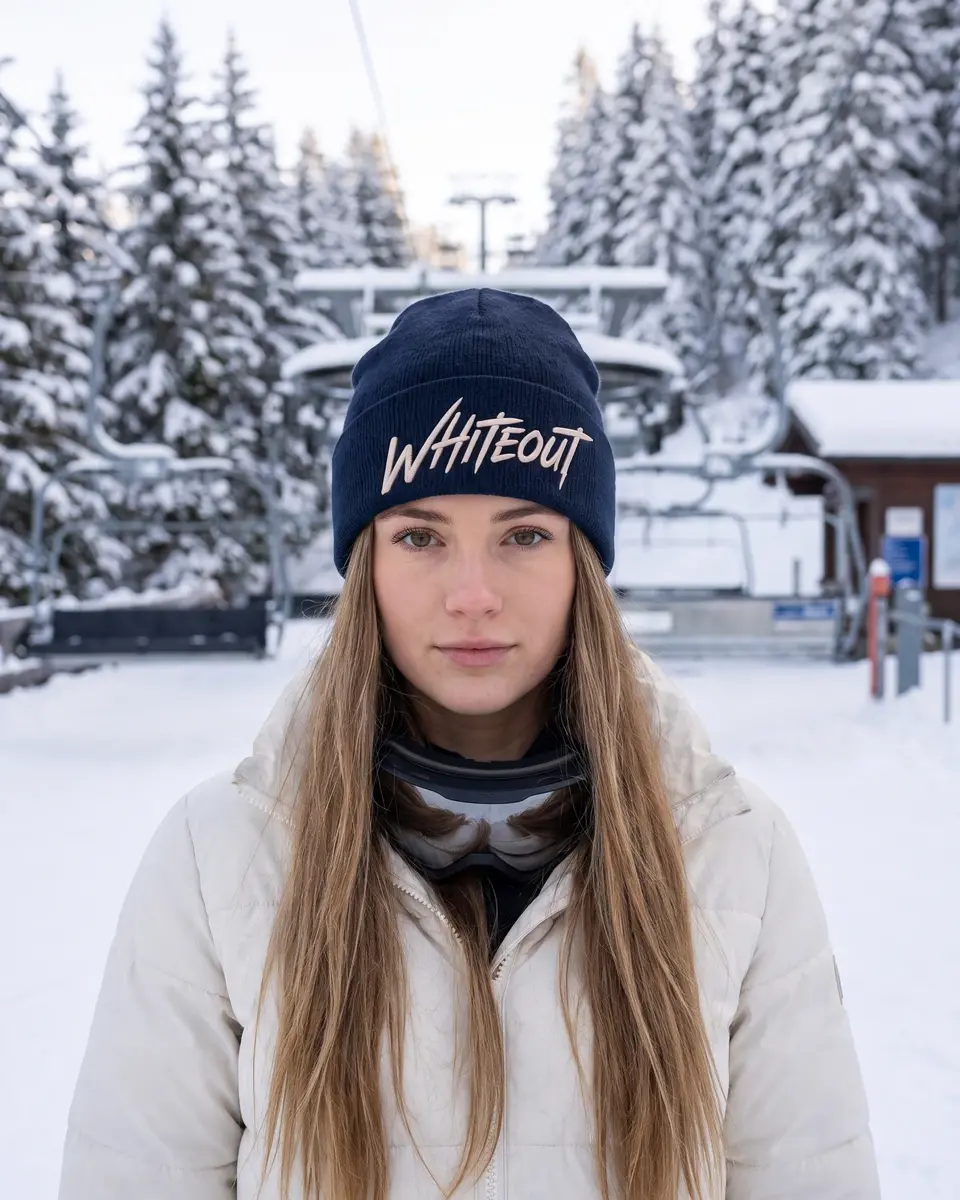 Snowboarder wearing the Chalet beanie in Navy