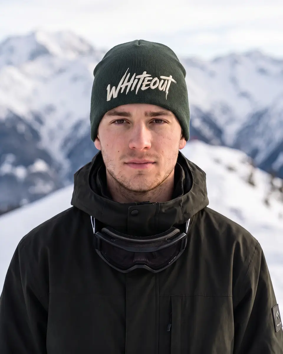 Snowboarder wearing the Ascent Skull Cap beanie in Dark Green