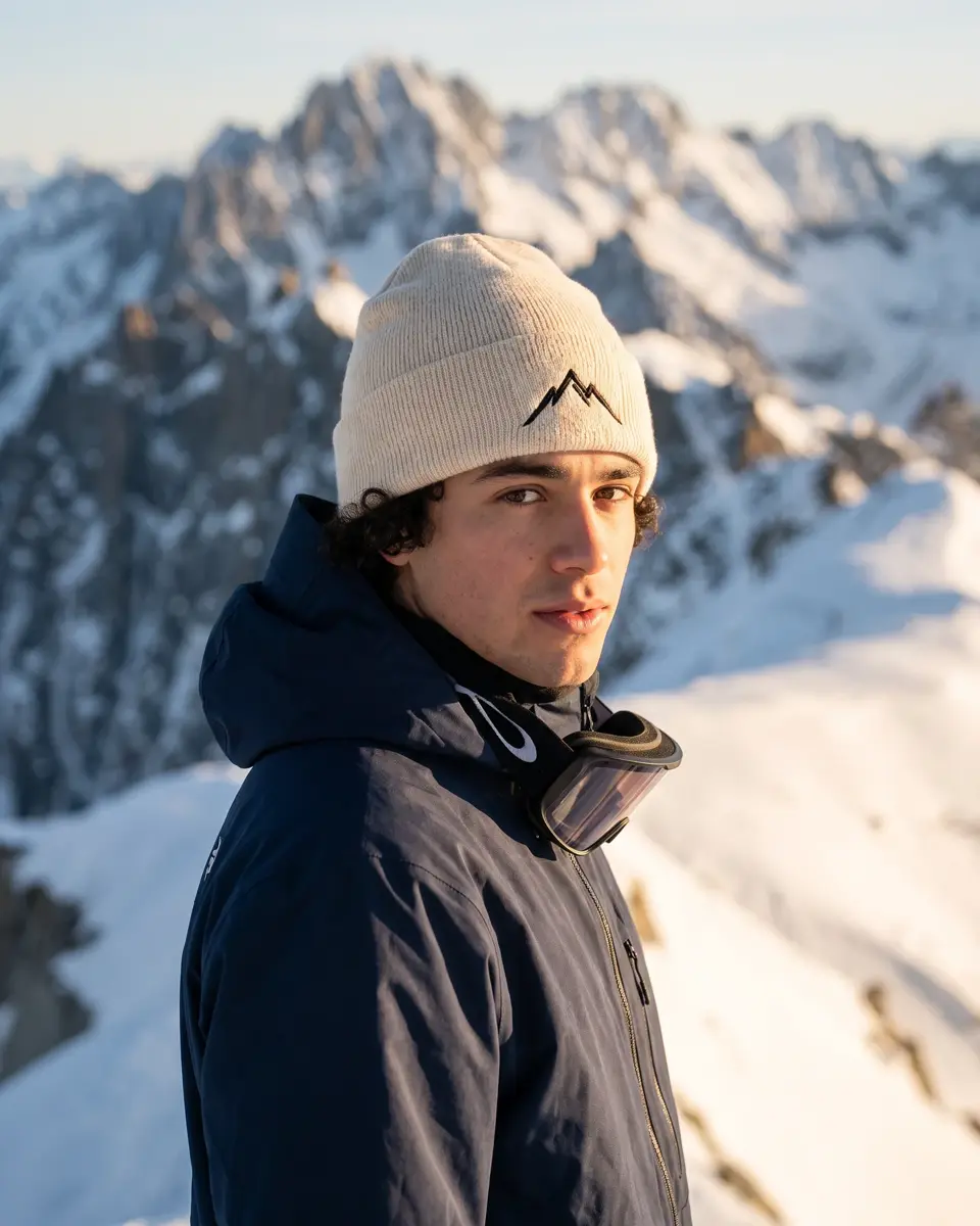 Snowboarder wearing the Atelier beanie in Cream