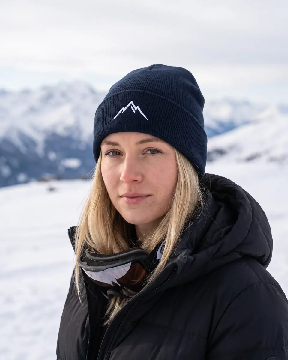 Snowboarder wearing the Atelier beanie in Navy