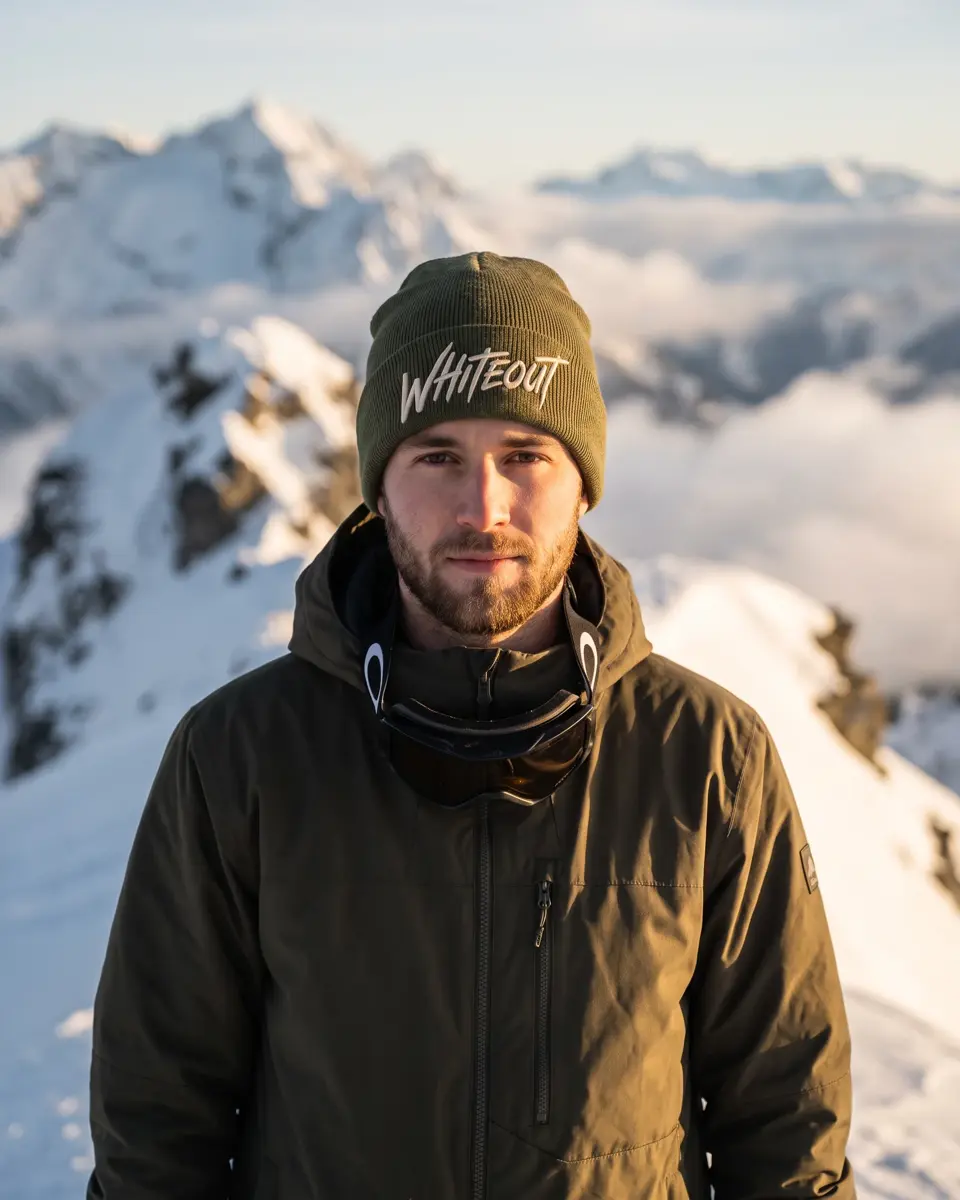 Snowboarder wearing the Chalet beanie in Olive