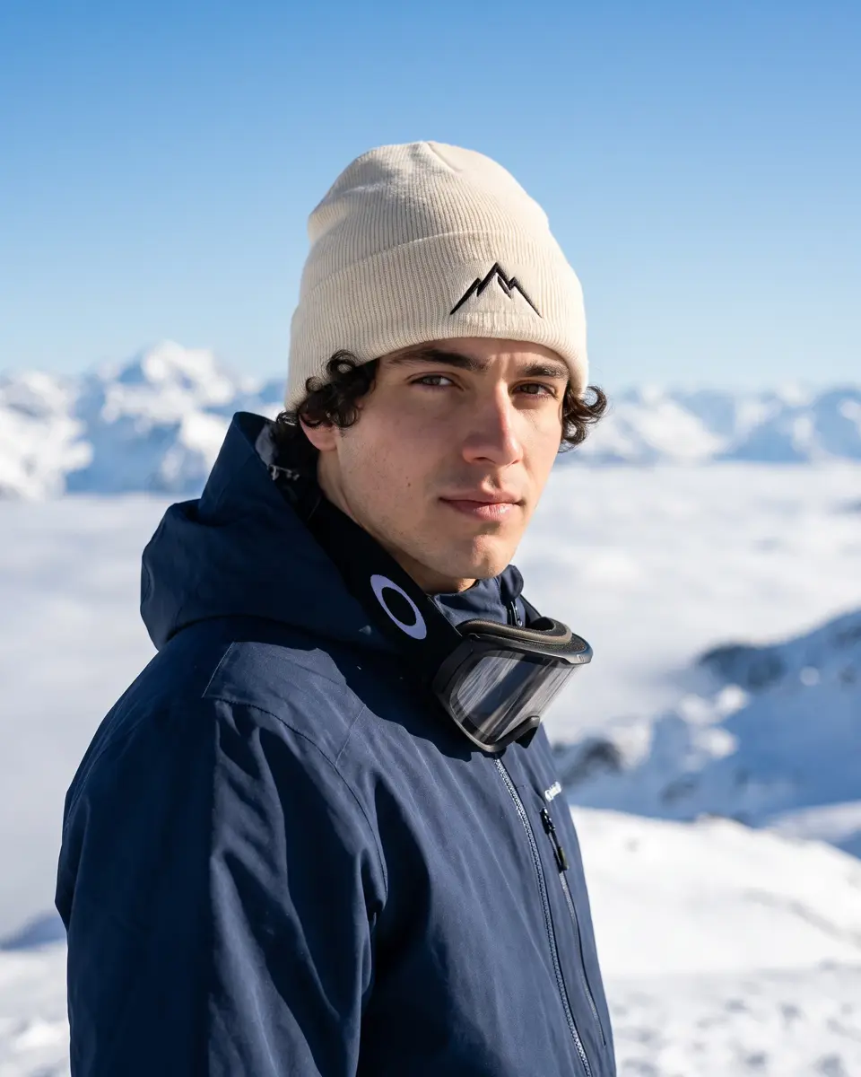 Snowboarder wearing the Col Rib beanie in Cream