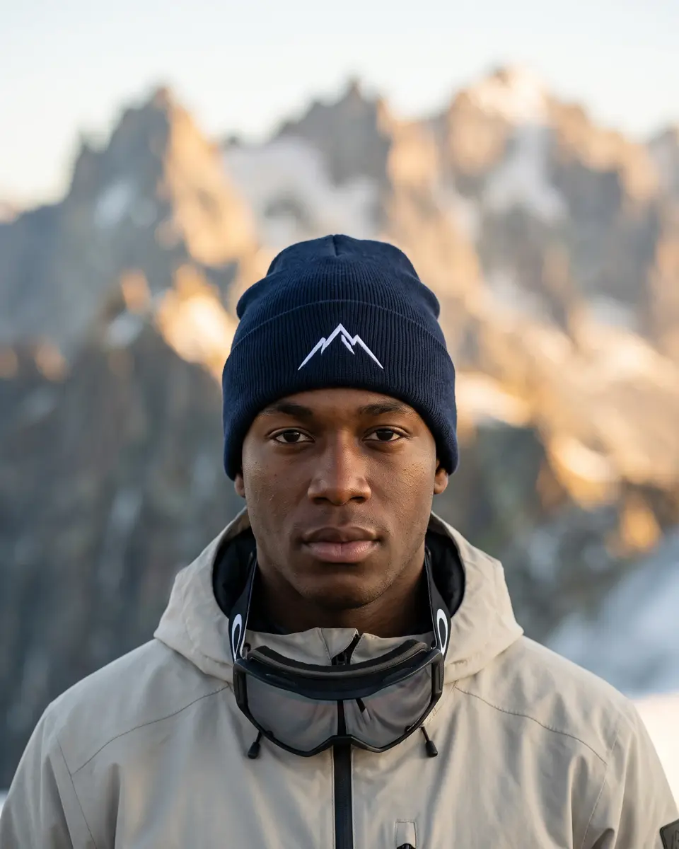 Snowboarder wearing the Col Rib beanie in Navy