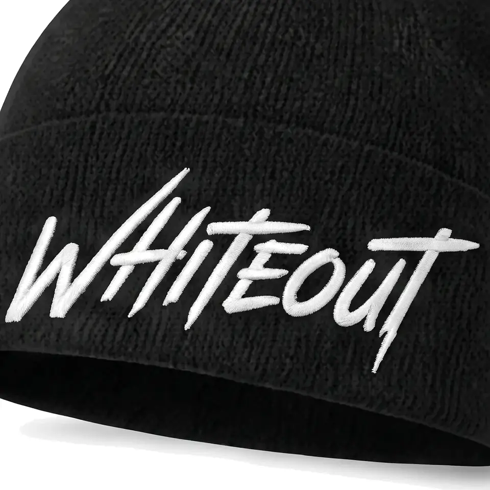 Chalet beanie in Black: close-up of the cuff embroidery