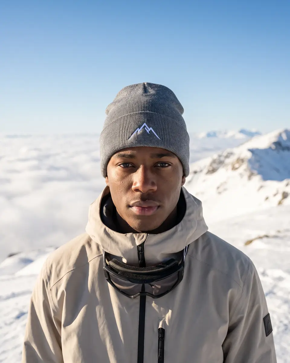 Snowboarder wearing the Col Rib beanie in Grey