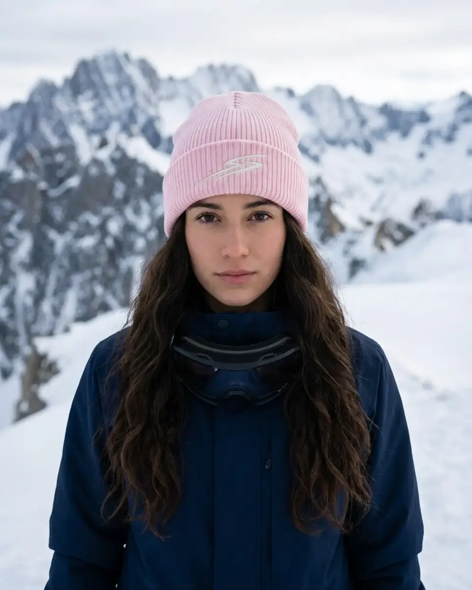 Snowboarder wearing the Drift beanie in Blush Pink