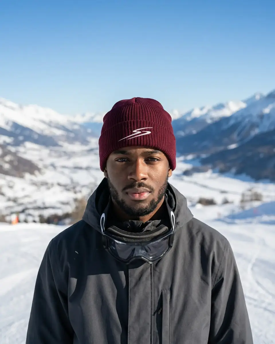 Snowboarder wearing the Drift beanie in Bordeaux