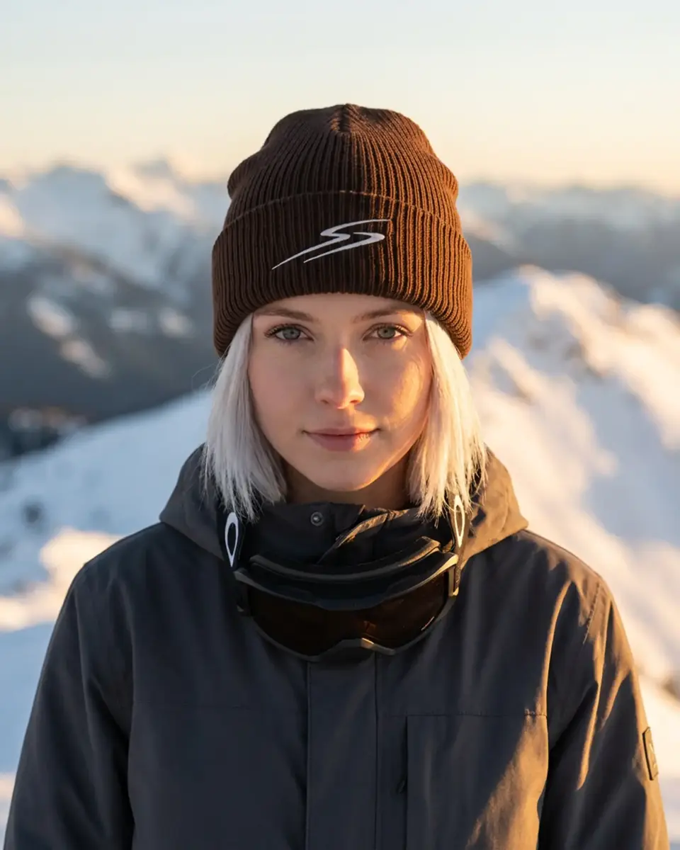 Snowboarder wearing the Drift beanie in Chocolate