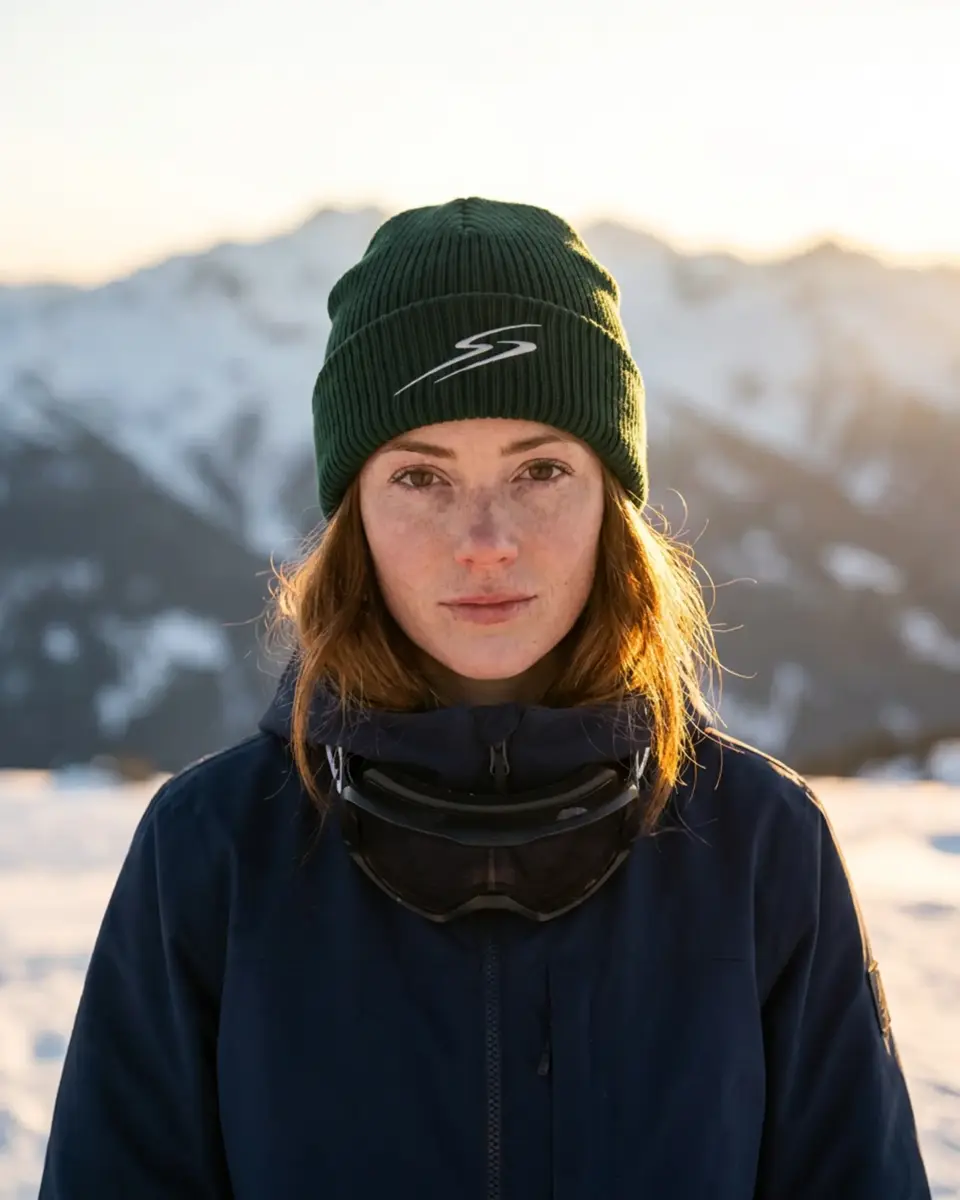 Snowboarder wearing the Drift beanie in Forest