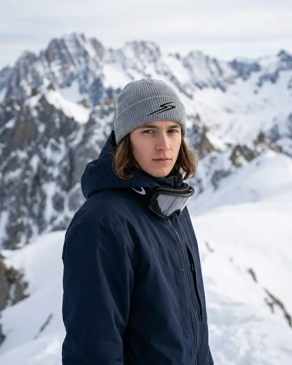 Snowboarder wearing the Drift beanie in Heather Grey