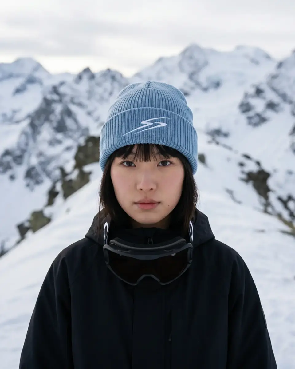 Snowboarder wearing the Drift beanie in Ice Blue
