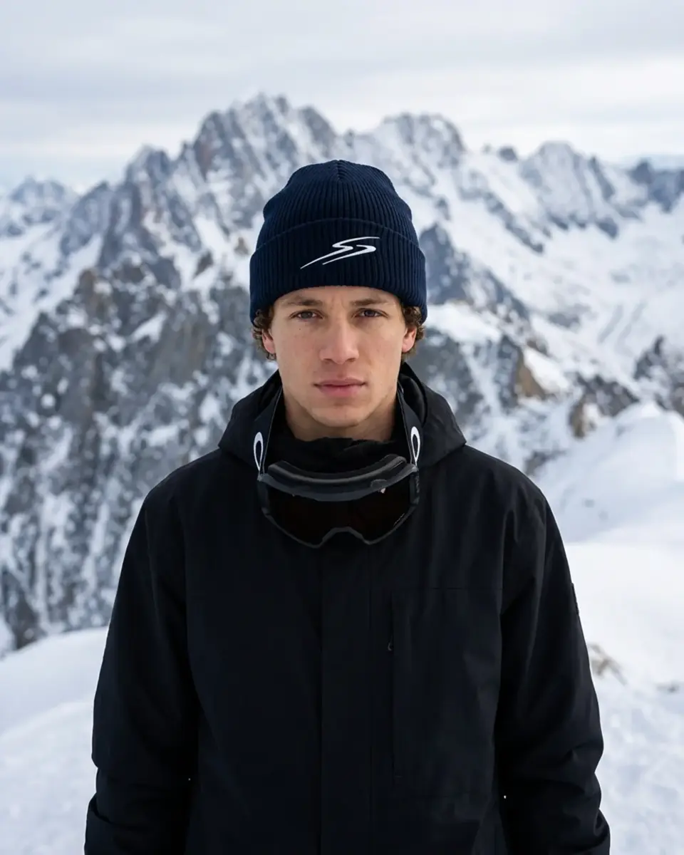 Snowboarder wearing the Drift beanie in Navy
