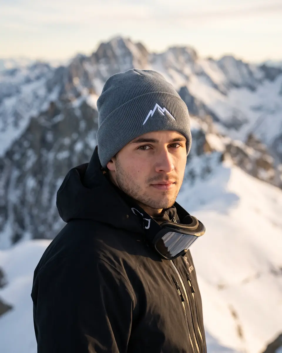 Snowboarder wearing the Col Rib beanie in Slate