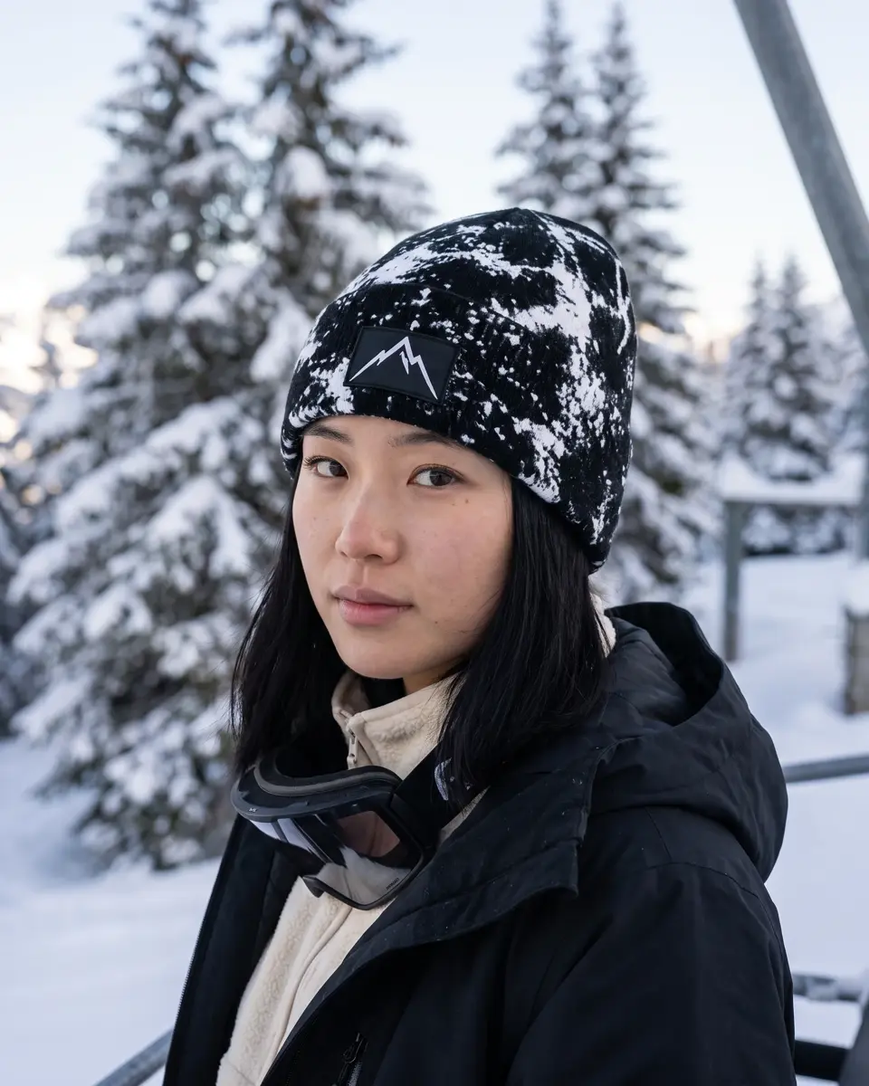 Snowboarder wearing the Haute Route beanie in Black