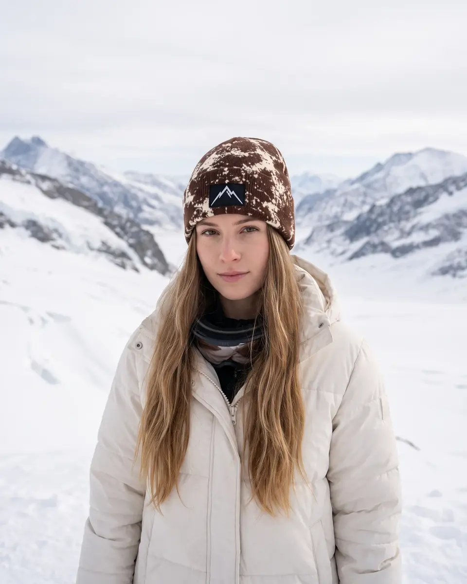 Snowboarder wearing the Haute Route beanie in Brown