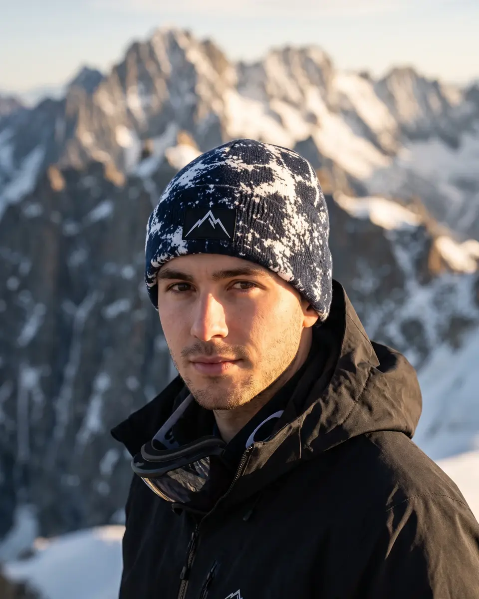 Snowboarder wearing the Haute Route beanie in Navy