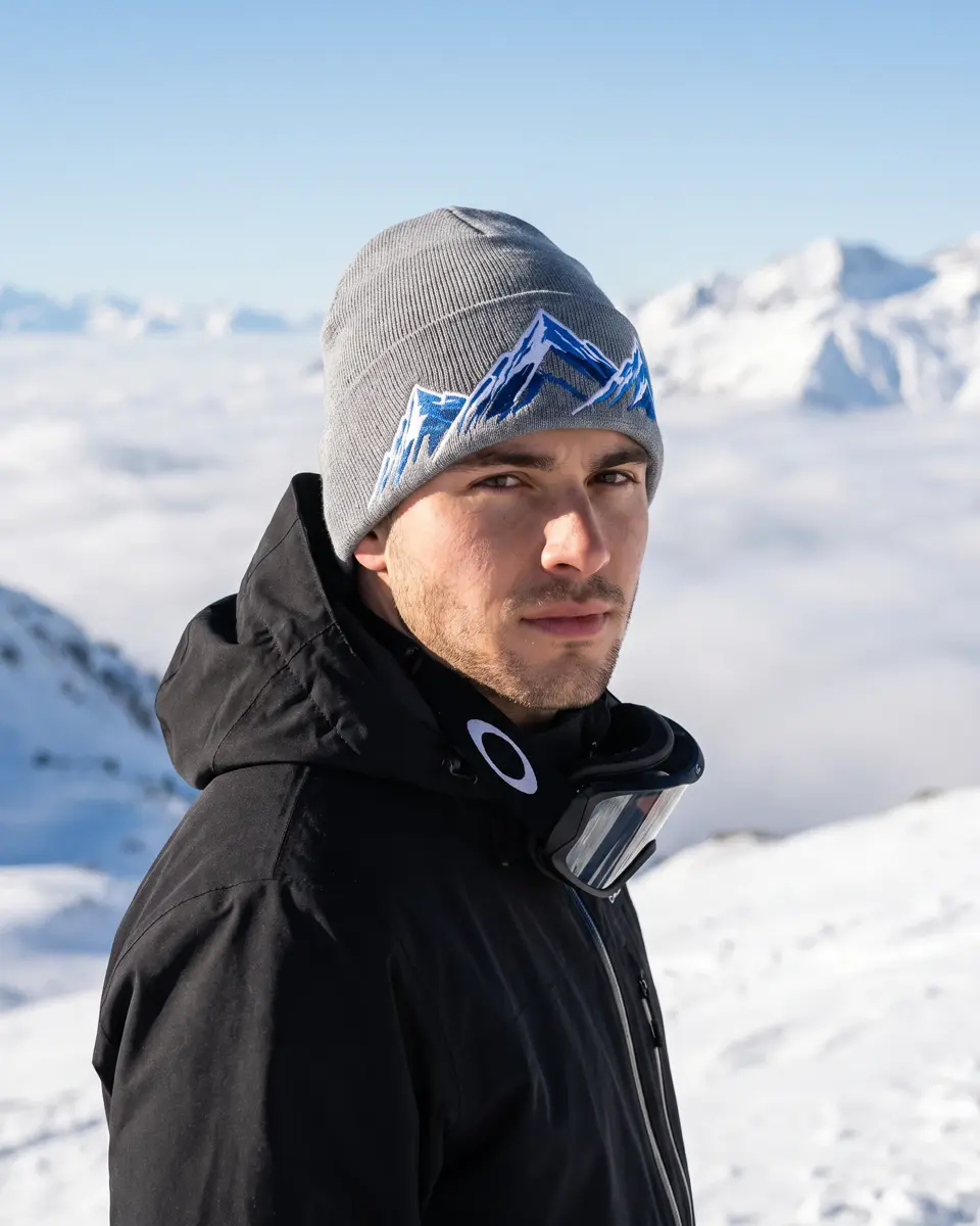 Snowboarder wearing the Windline beanie in Steel Grey