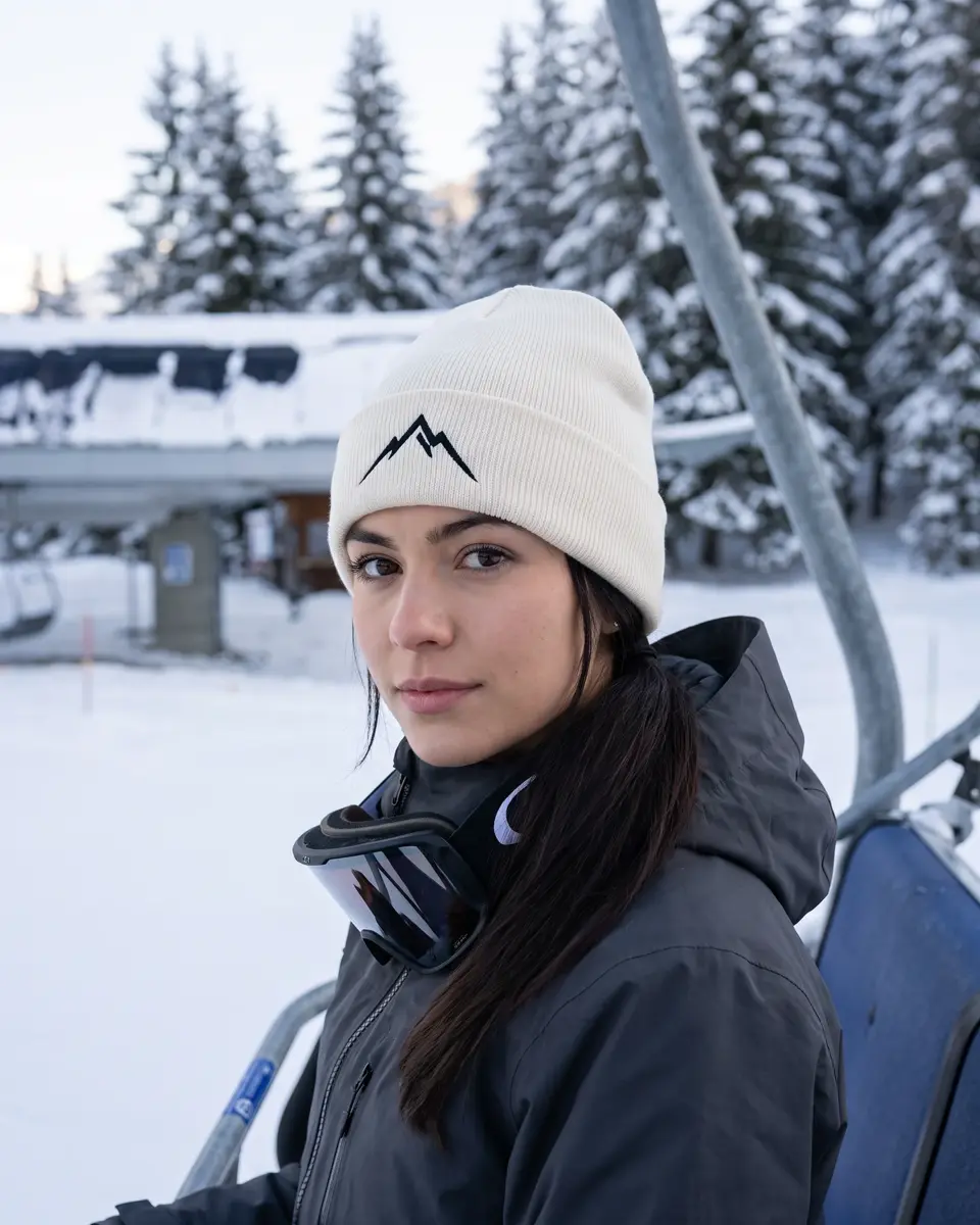 Snowboarder wearing the Lauber beanie in Ivory