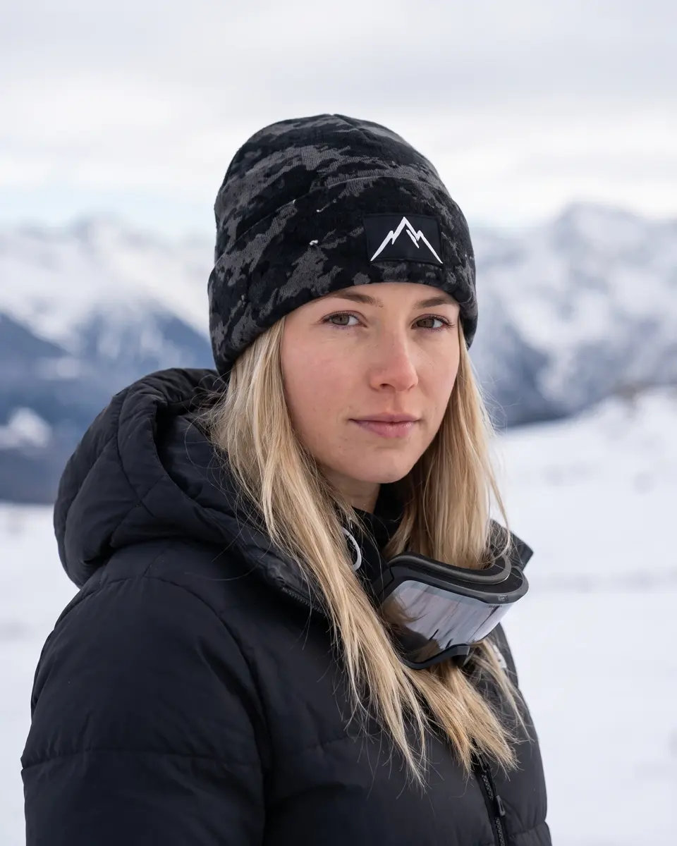 Snowboarder wearing the Refuge beanie in Black Camo