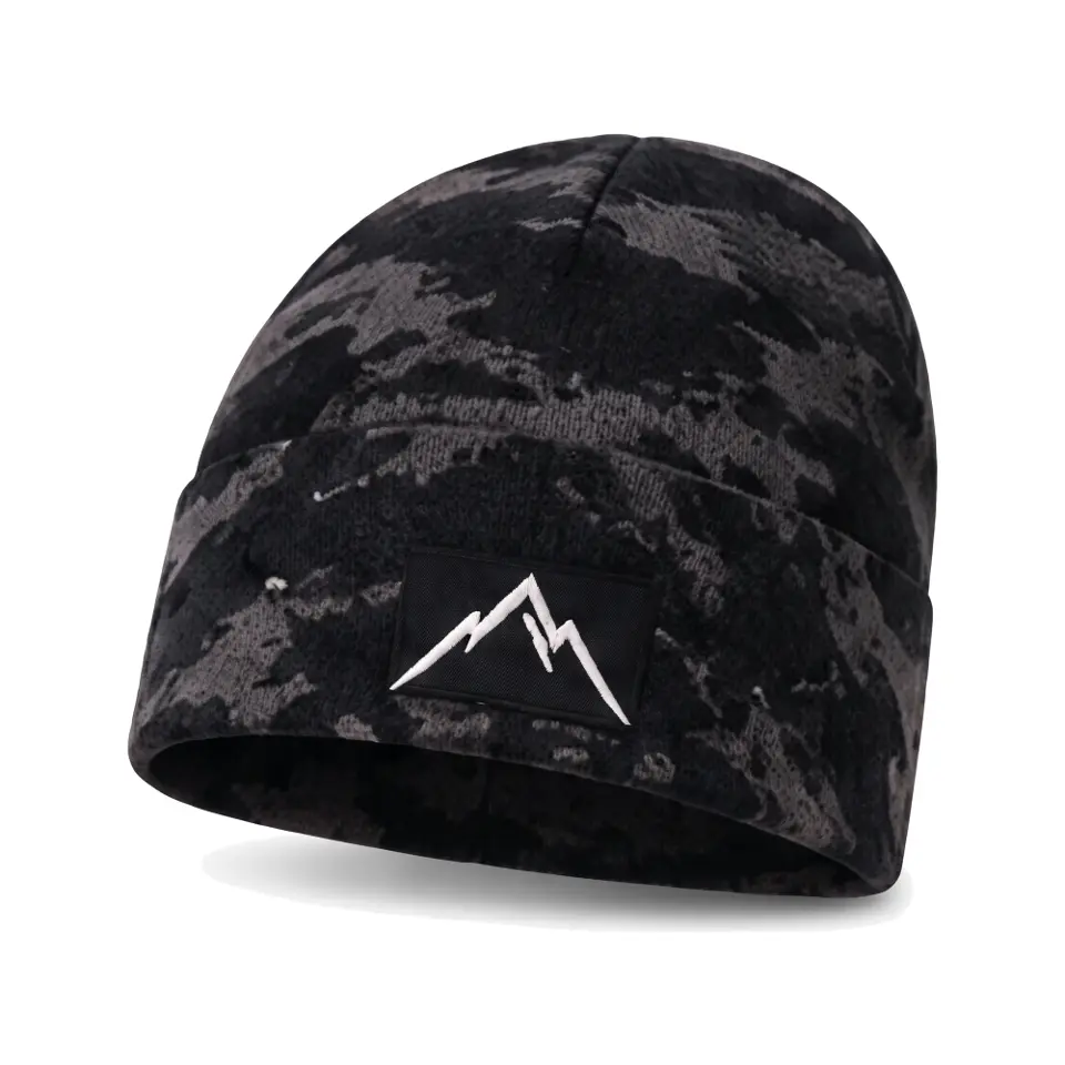 Refuge beanie in Black Camo on a white background