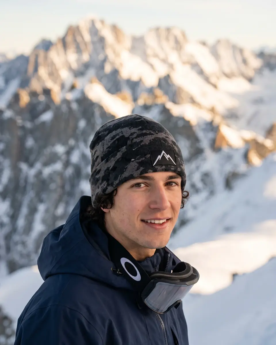 Snowboarder wearing the Refuge beanie in Grey Camo