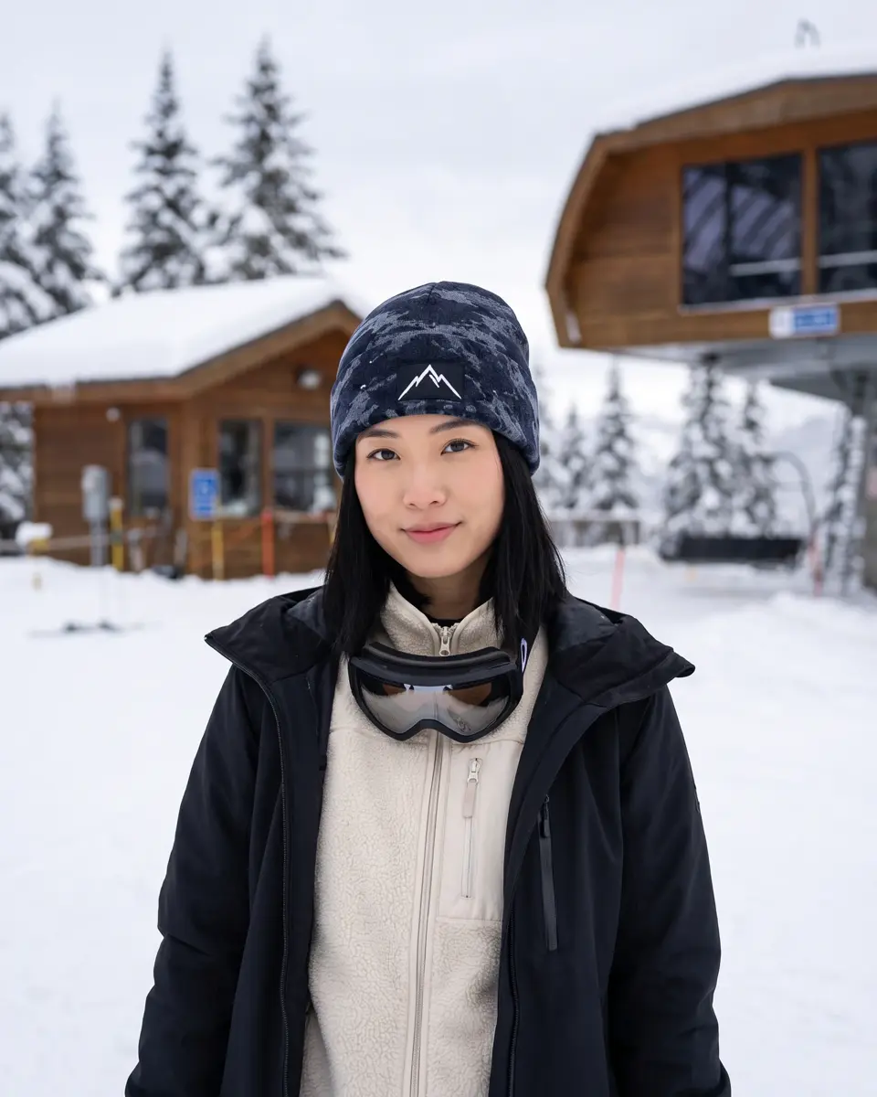 Snowboarder wearing the Refuge beanie in Navy Camo