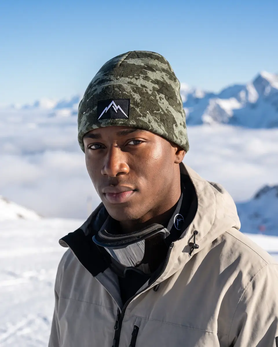 Snowboarder wearing the Refuge beanie in Sage Camo