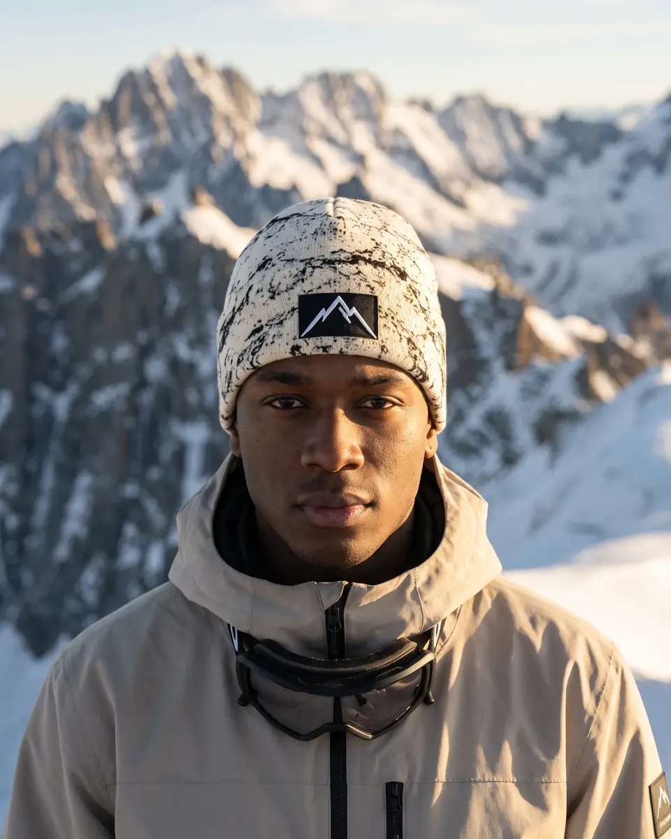 Snowboarder wearing the Refuge beanie in Cream Veined Marble