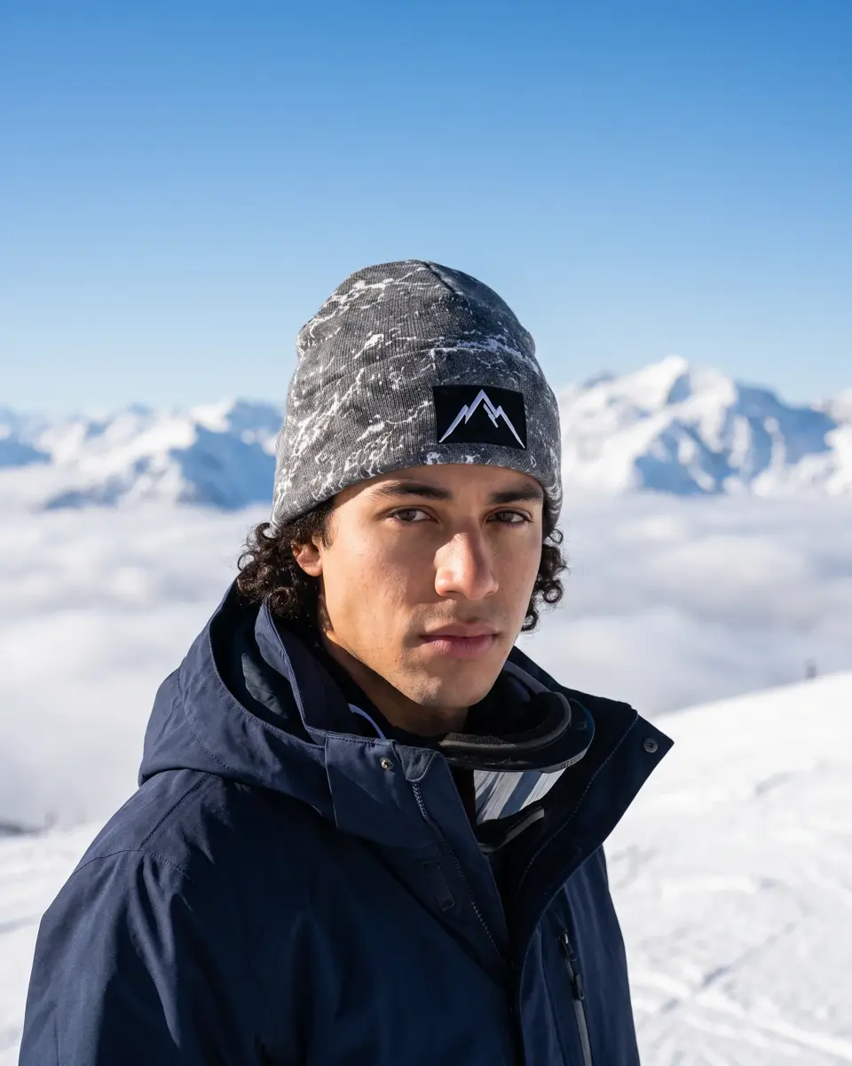 Snowboarder wearing the Refuge beanie in Grey Veined Marble