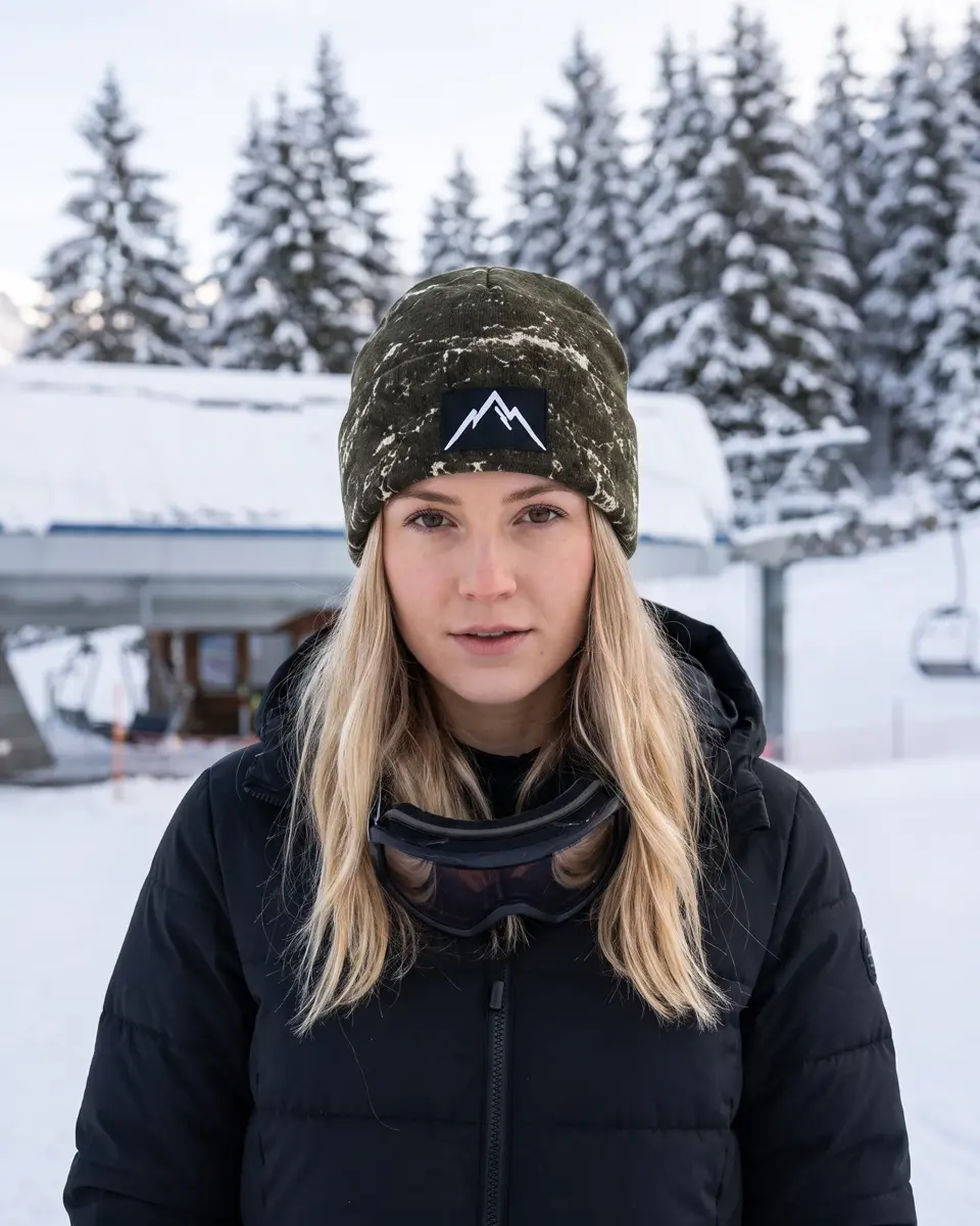 Snowboarder wearing the Refuge beanie in Olive Veined Marble