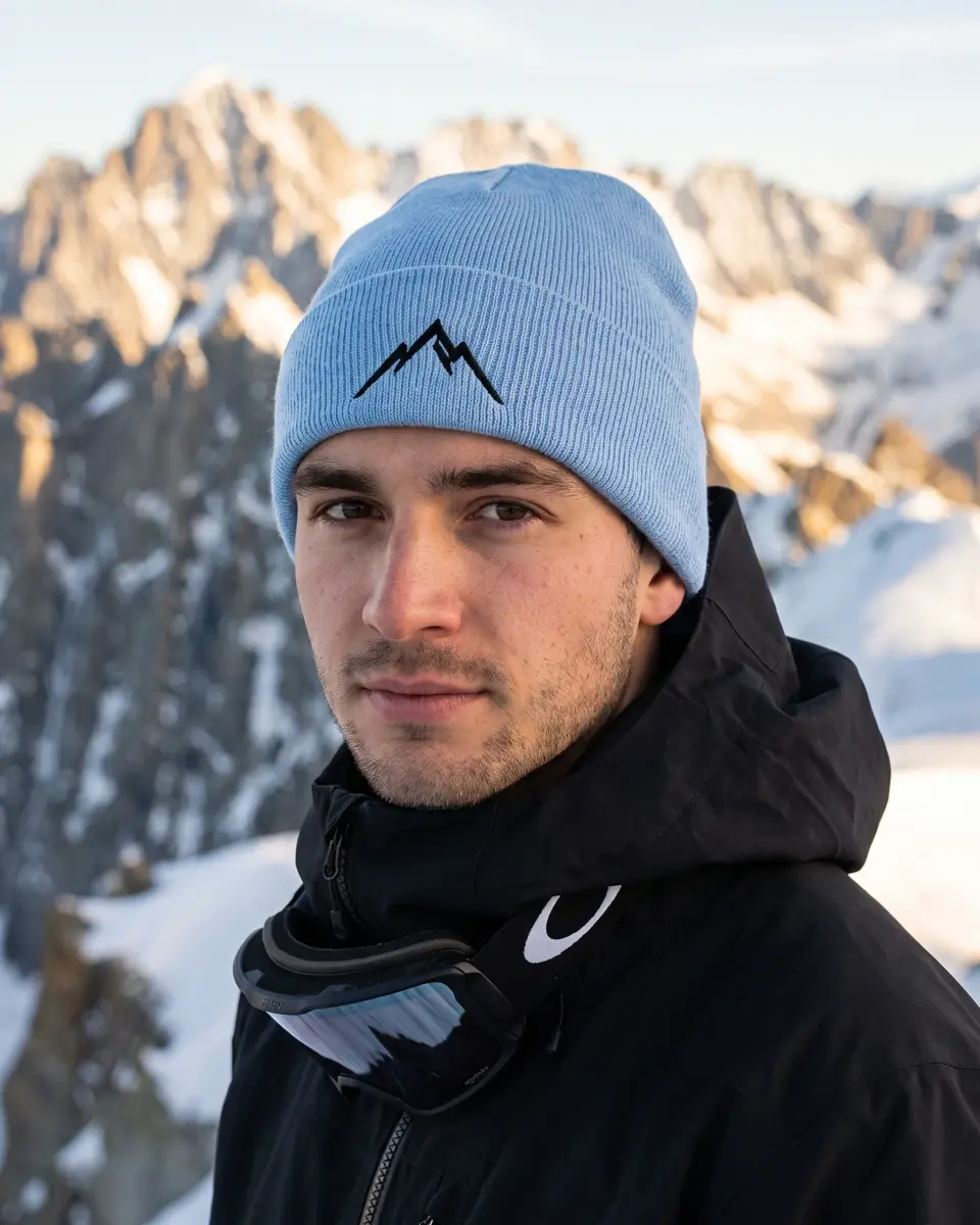 Snowboarder wearing the Atelier beanie in Ice Blue