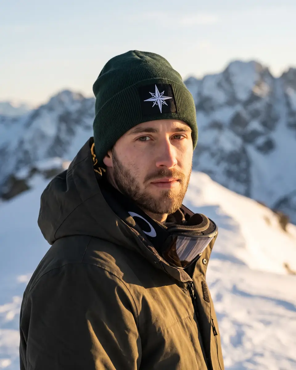 Snowboarder wearing the Summit beanie in Forest