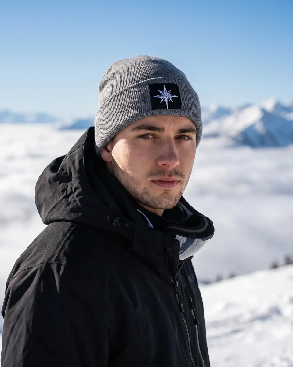 Snowboarder wearing the Summit beanie in Grey