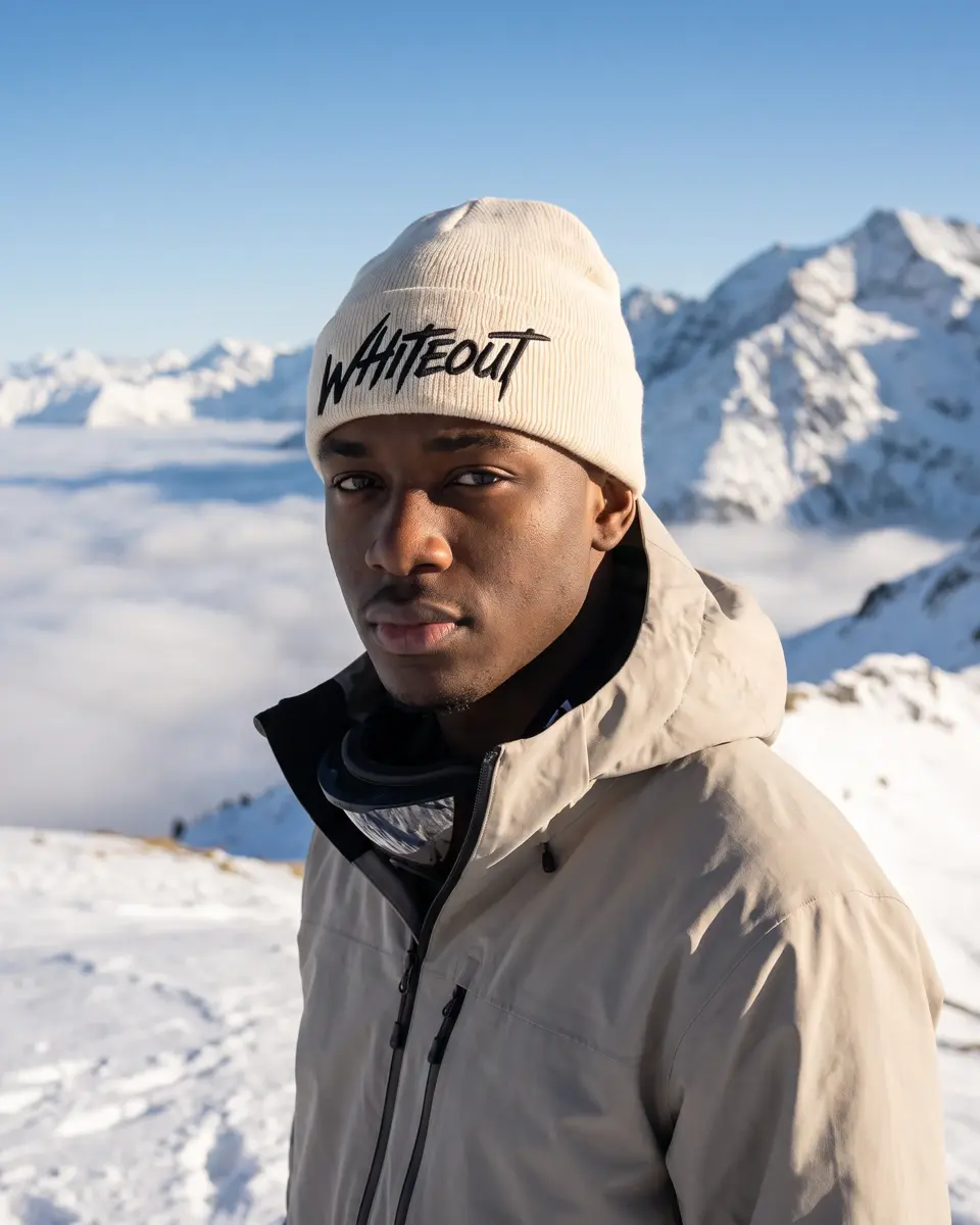 Snowboarder wearing the Chalet beanie in Cream