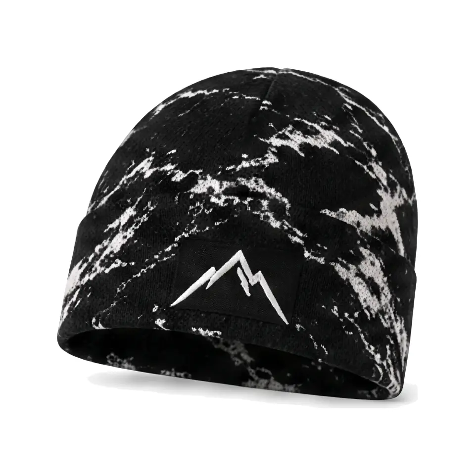 Refuge beanie in Black Bold Marble on a white background