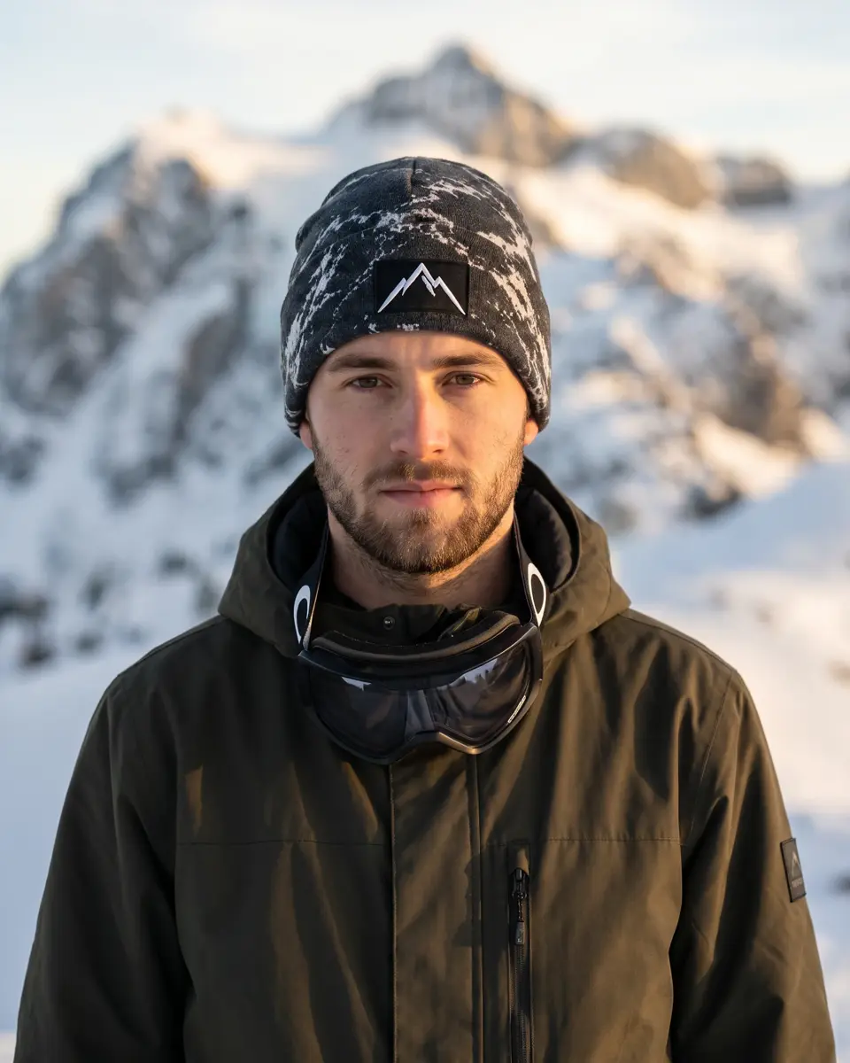 Snowboarder wearing the Refuge beanie in Grey Bold Marble