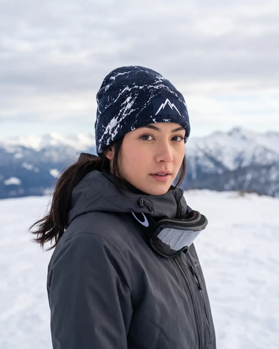 Snowboarder wearing the Refuge beanie in Navy Bold Marble