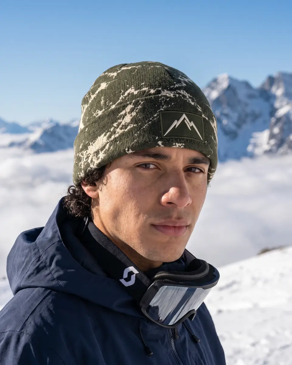 Snowboarder wearing the Refuge beanie in Olive Bold Marble